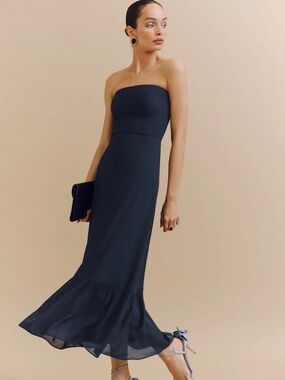 marcella linen dress reformation REFORMATION Marcella Strapless Linen Midi Dress